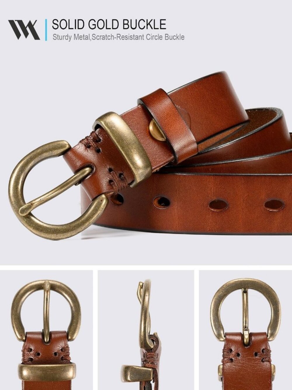 Full Grain Leather Women's Belt - 1.1" Casual Jeans Belt with Vintage Buckle - Picture 3 of 6